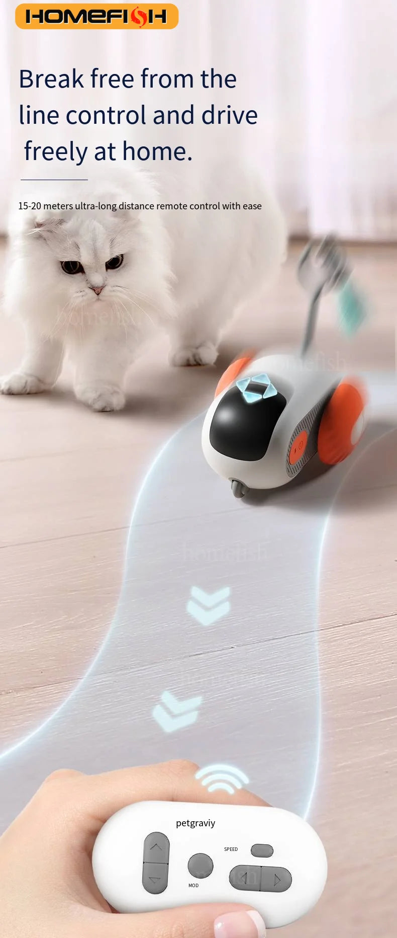 Carrinho inteligente para gatos com dois modos e movimento automático.