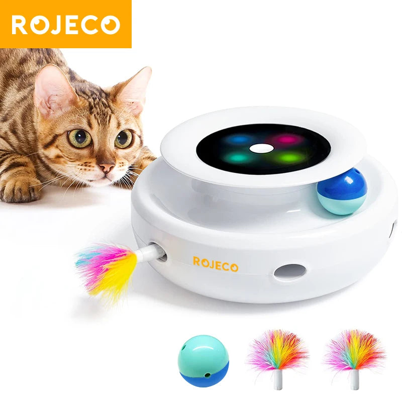 ROJECO 2 em 1 Brinquedo inteligente parra gatos com corda e bola funções automáticas com 5 modos